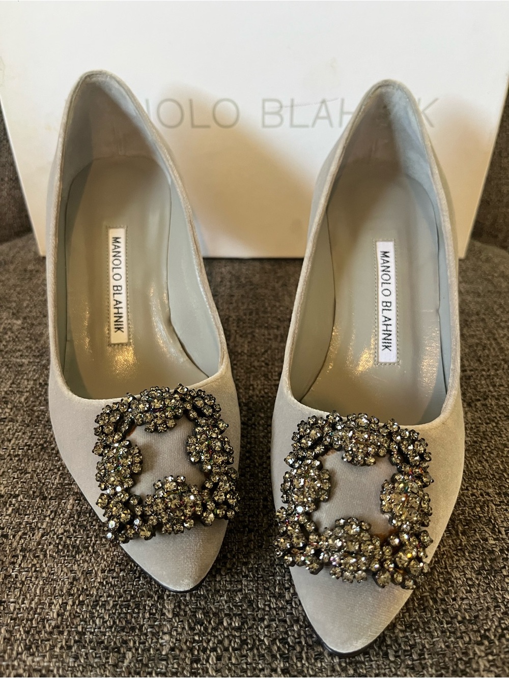 Manolo Blahnik Elegant Hangisi Embellished Pointed Toe Pumps in Light Gray
